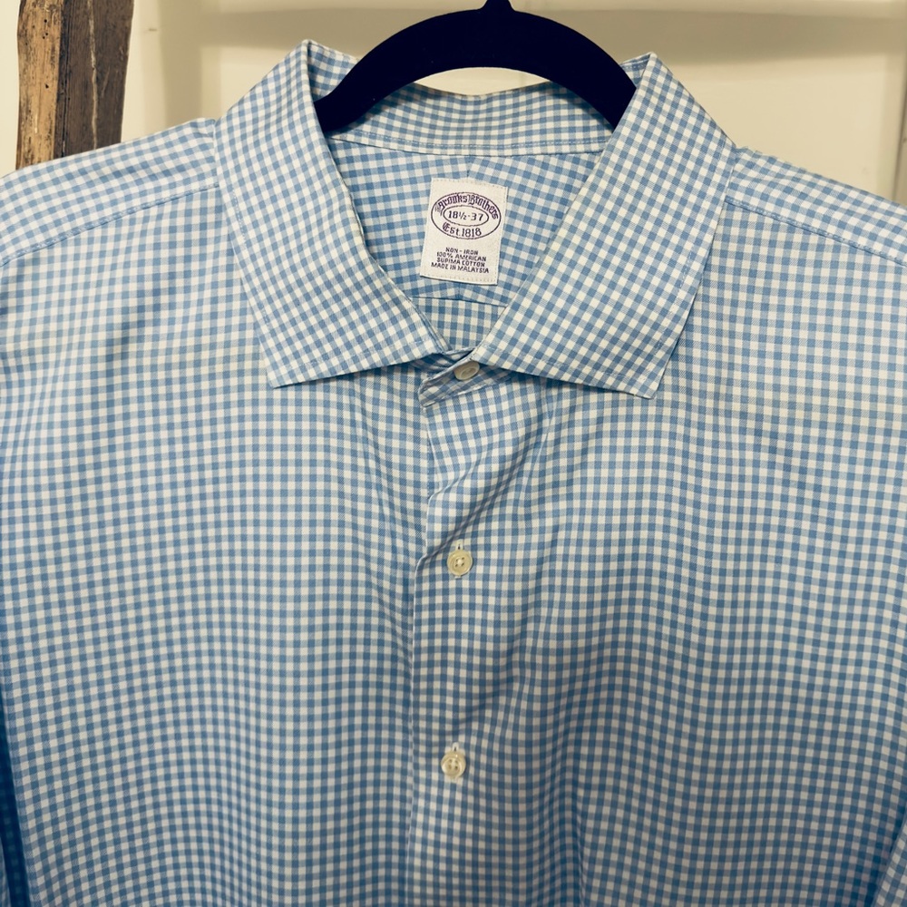 Brooks Brothers Blue and White Checkered Dress Button Up Spread Collar 18 1/2 37